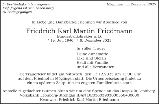 Traueranzeige von Friedrich Karl Martin Friedmann von Stuttgarter Zeitung / Stuttgarter Nachrichten