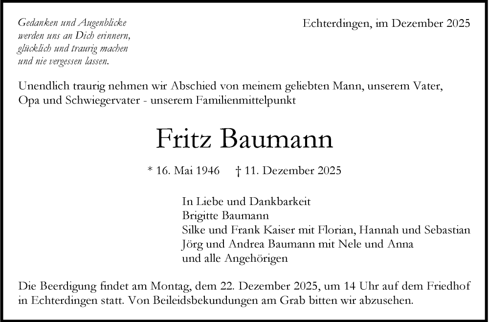  Traueranzeige für Fritz Baumann vom 17.12.2025 aus Eßlinger Zeitung