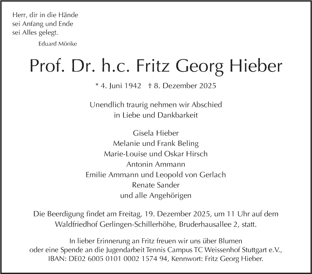  Traueranzeige für Fritz Georg Hieber vom 13.12.2025 aus Stuttgarter Zeitung / Stuttgarter Nachrichten