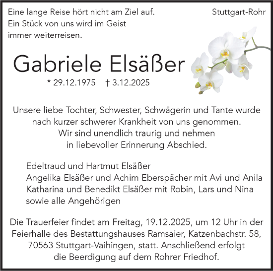 Traueranzeige von Gabriele Elsäßer von Stuttgarter Zeitung / Stuttgarter Nachrichten
