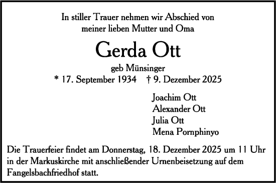 Traueranzeige von Gerda Ott von Stuttgarter Zeitung / Stuttgarter Nachrichten