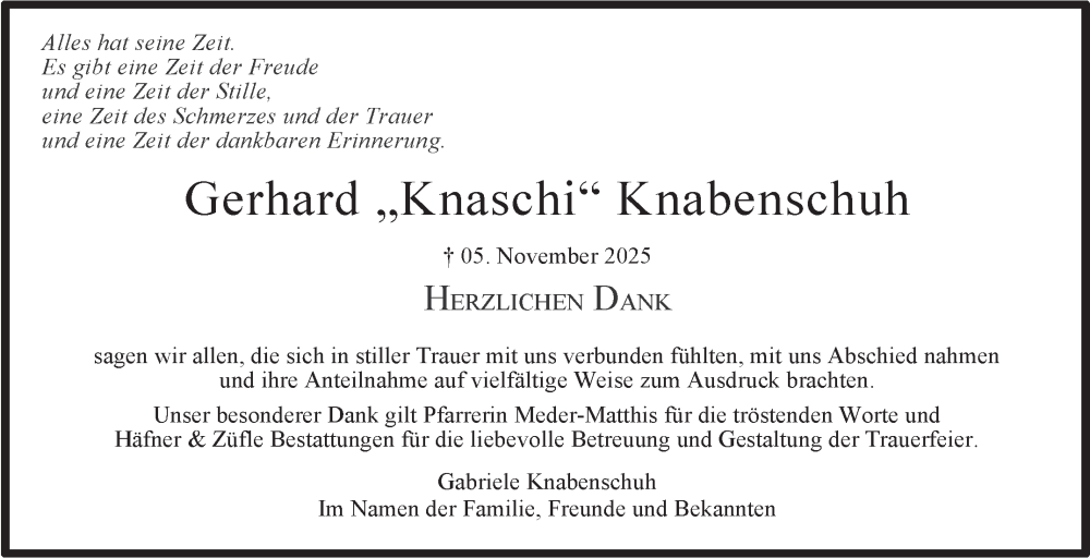  Traueranzeige für Gerhard Knabenschuh vom 06.12.2025 aus Stuttgarter Zeitung / Stuttgarter Nachrichten
