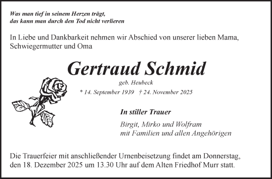 Traueranzeige von Gertraud Schmid von Marbacher Zeitung