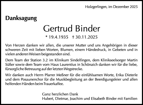 Traueranzeige von Gertrud Binder von Kreiszeitung Böblinger Bote