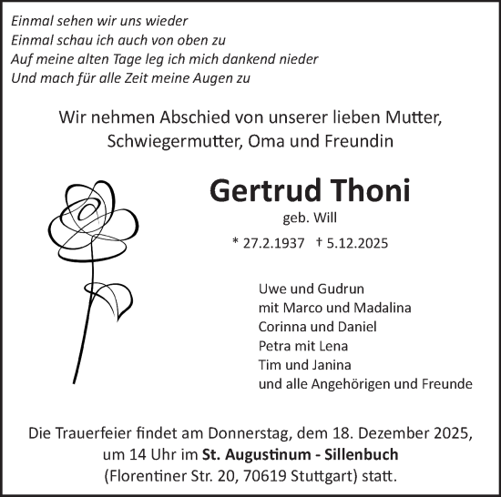 Traueranzeige von Gertrud Thoni von Stuttgarter Zeitung / Stuttgarter Nachrichten