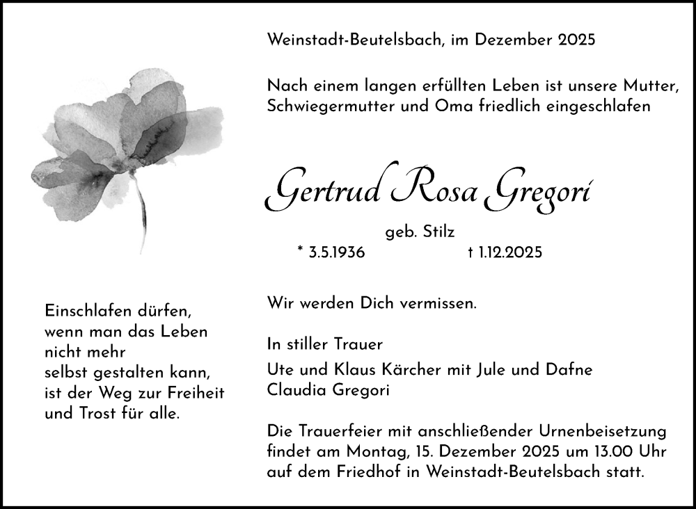  Traueranzeige für Gertrud Rosa Gregori vom 09.12.2025 aus Stuttgarter Zeitung / Stuttgarter Nachrichten