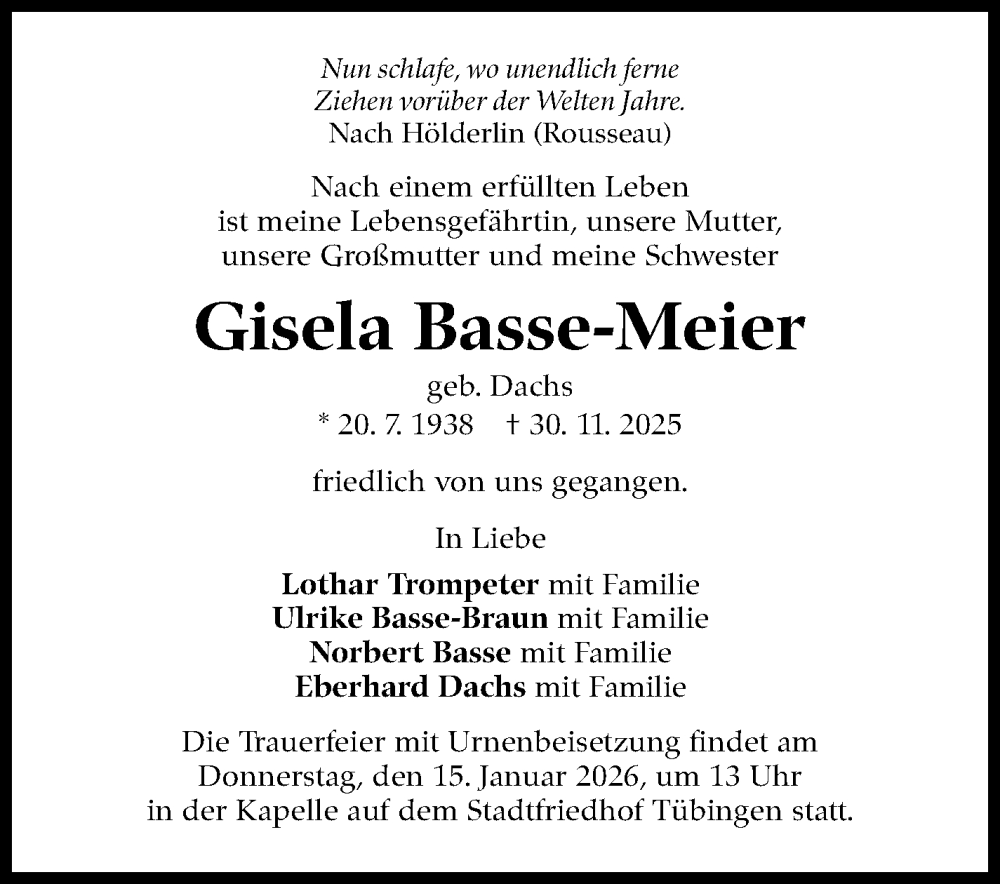  Traueranzeige für Gisela Basse-Meier vom 06.12.2025 aus Stuttgarter Zeitung / Stuttgarter Nachrichten