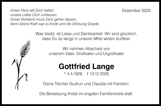 Traueranzeige von Gottfried Lange von Leonberger Kreiszeitung / Strohgäu Extra