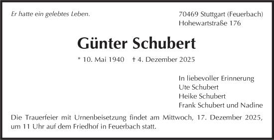 Traueranzeige von Günter Schubert von Stuttgarter Zeitung / Stuttgarter Nachrichten