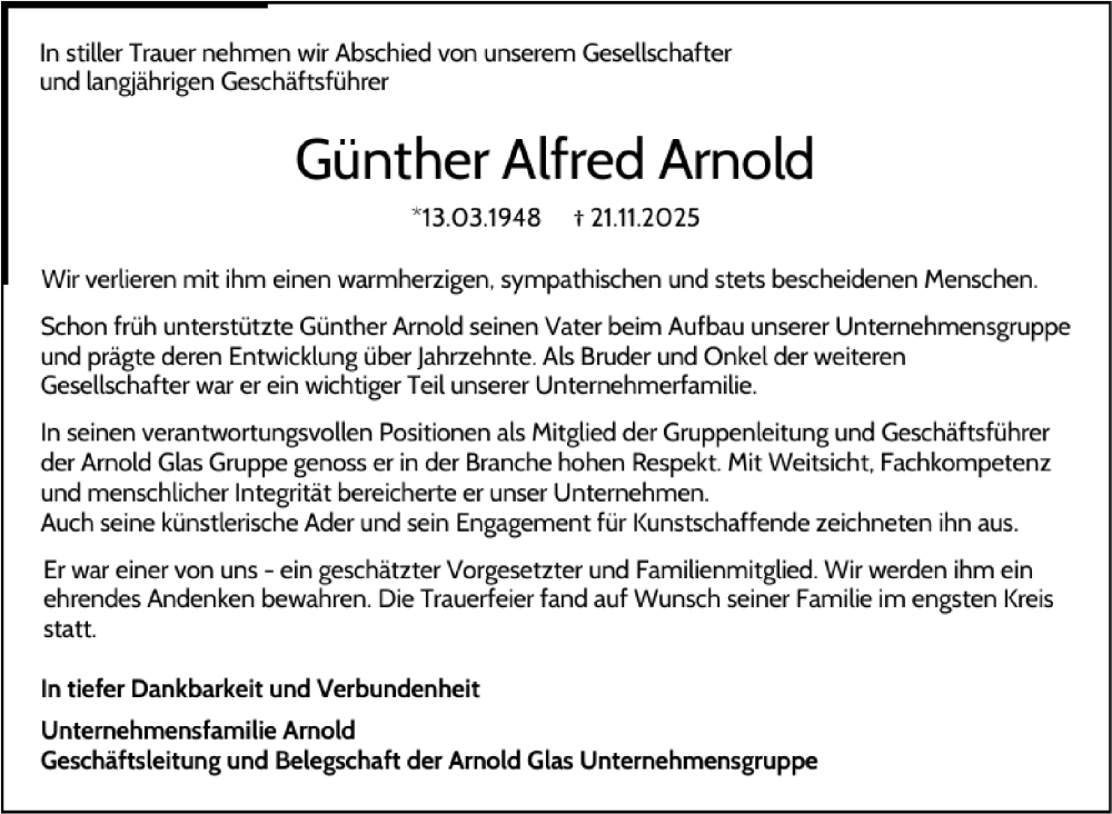  Traueranzeige für Günther Alfred Arnold vom 11.12.2025 aus Stuttgarter Zeitung / Stuttgarter Nachrichten