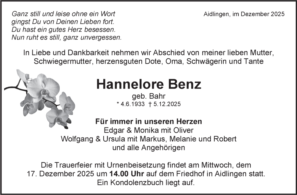  Traueranzeige für Hannelore Benz vom 12.12.2025 aus Kreiszeitung Böblinger Bote
