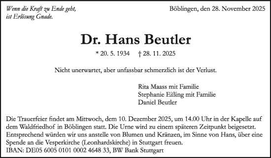Traueranzeige von Hans Beutler von Kreiszeitung Böblinger Bote