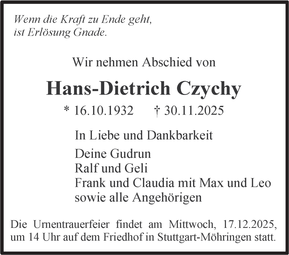  Traueranzeige für Hans-Dietrich Czychy vom 06.12.2025 aus Stuttgarter Zeitung / Stuttgarter Nachrichten