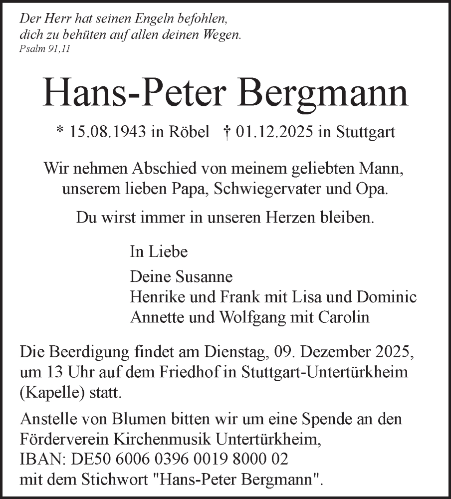  Traueranzeige für Hans-Peter Bergmann vom 06.12.2025 aus Stuttgarter Zeitung / Stuttgarter Nachrichten