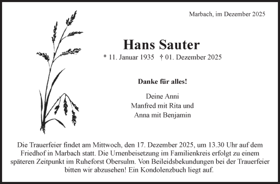 Traueranzeige von Hans Sauter von Marbacher Zeitung