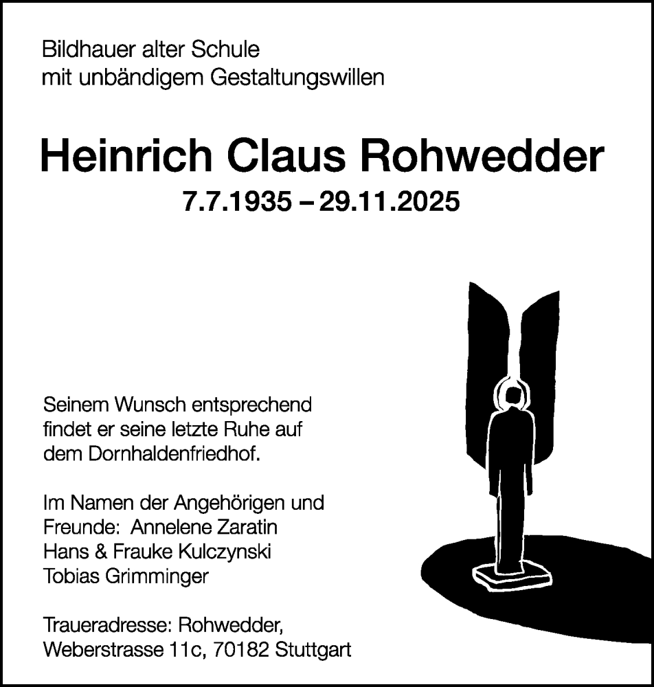  Traueranzeige für Heinrich Claus Rohwedder vom 11.12.2025 aus Stuttgarter Zeitung / Stuttgarter Nachrichten