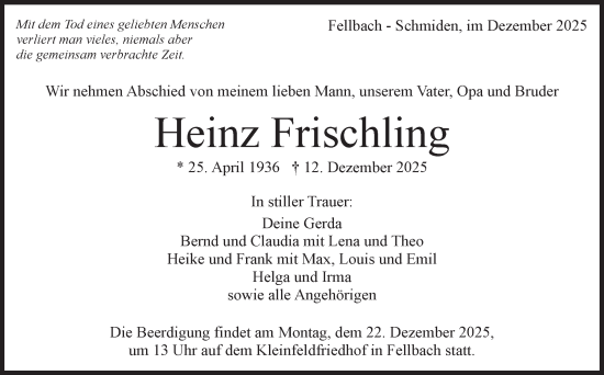 Traueranzeige von Heinz Frischling von Stuttgarter Zeitung / Stuttgarter Nachrichten