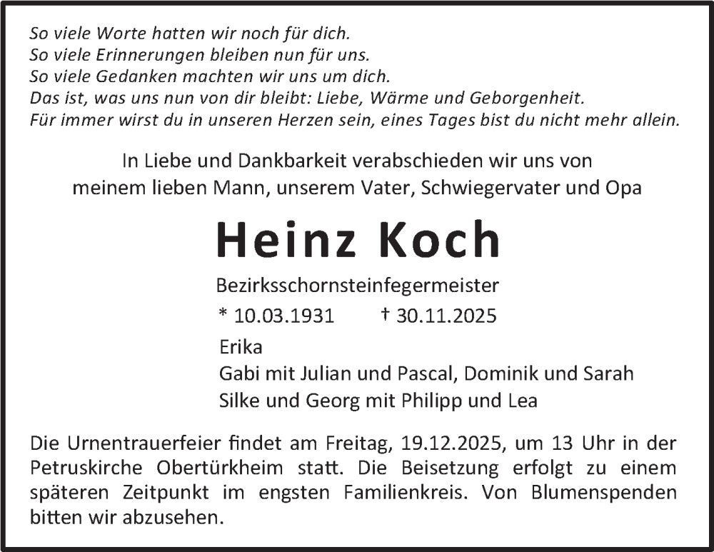  Traueranzeige für Heinz Koch vom 13.12.2025 aus Stuttgarter Zeitung / Stuttgarter Nachrichten