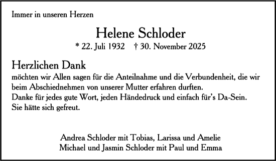 Traueranzeige von Helene Schloder von Stuttgarter Zeitung / Stuttgarter Nachrichten