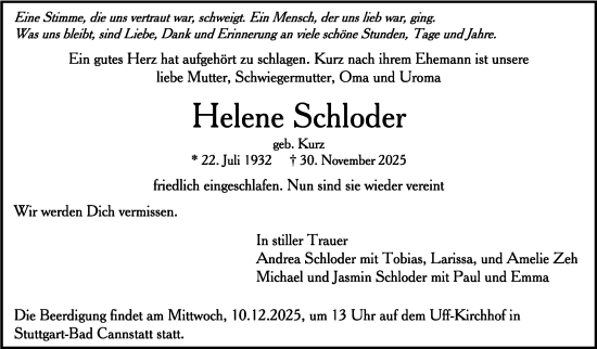 Traueranzeige von Helene Schloder von Stuttgarter Zeitung / Stuttgarter Nachrichten