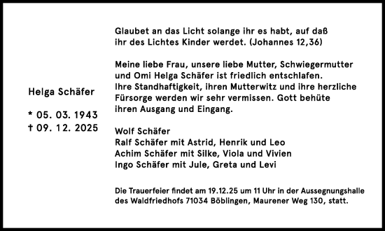Traueranzeige von Helga Schäfer von Kreiszeitung Böblinger Bote
