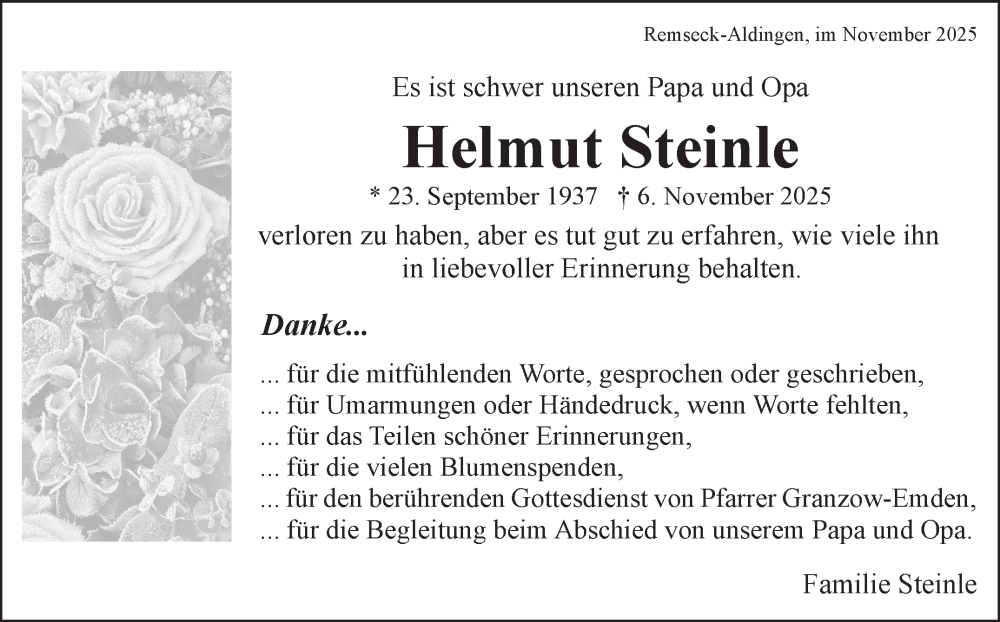  Traueranzeige für Helmut Steinle vom 18.12.2025 aus Stuttgarter Zeitung / Stuttgarter Nachrichten