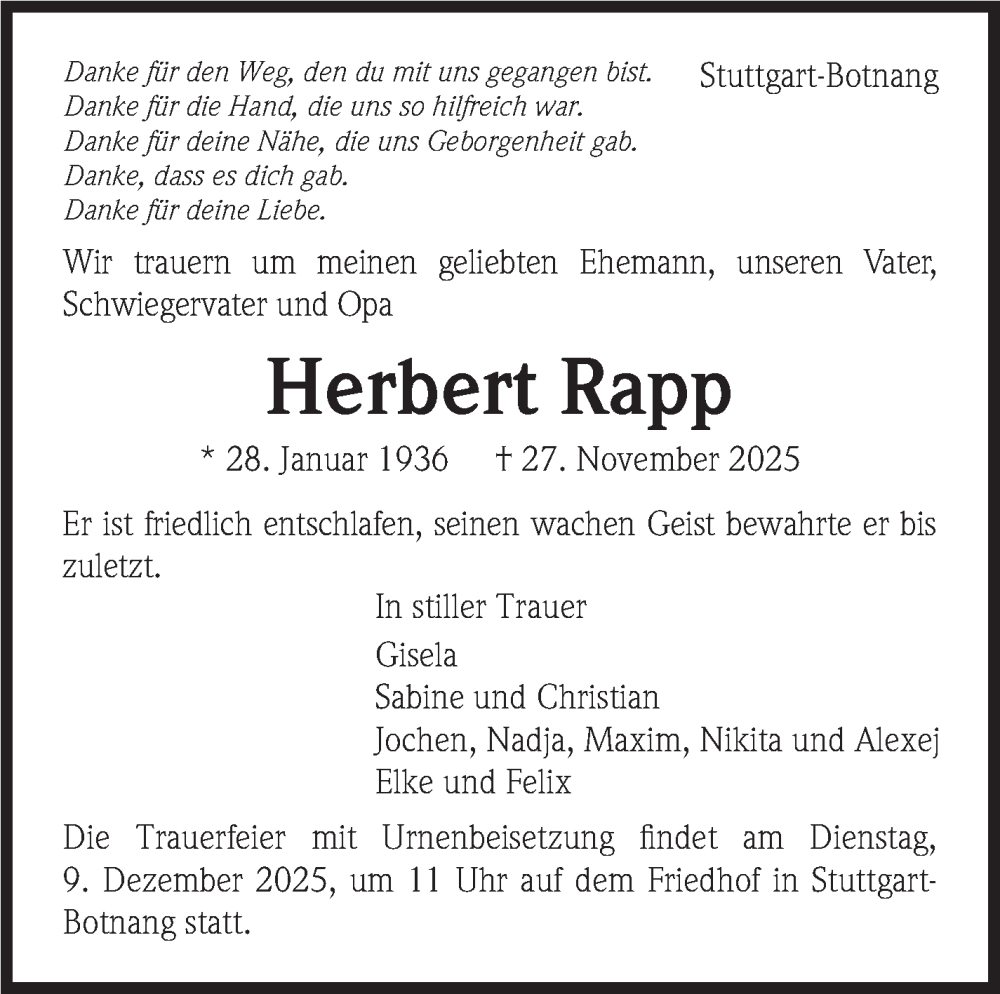  Traueranzeige für Herbert Rapp vom 06.12.2025 aus Stuttgarter Zeitung / Stuttgarter Nachrichten