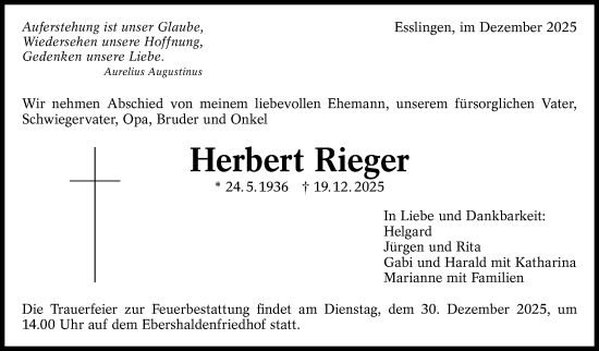 Traueranzeige von Herbert Rieger von Eßlinger Zeitung
