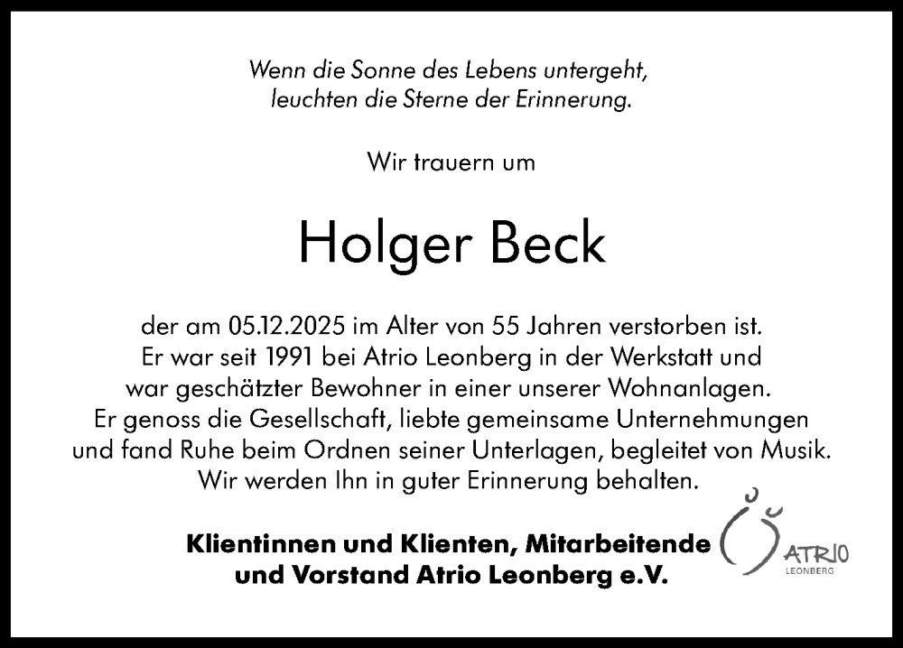  Traueranzeige für Holger Beck vom 20.12.2025 aus Leonberger Kreiszeitung / Strohgäu Extra