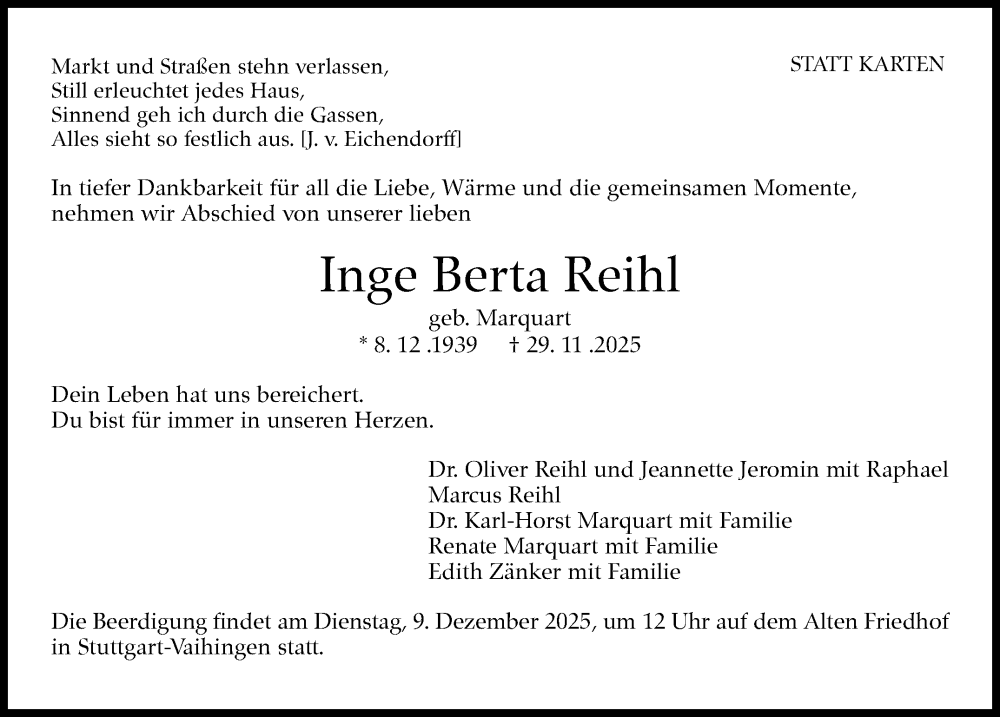  Traueranzeige für Inge Berta Reihl vom 06.12.2025 aus Stuttgarter Zeitung / Stuttgarter Nachrichten