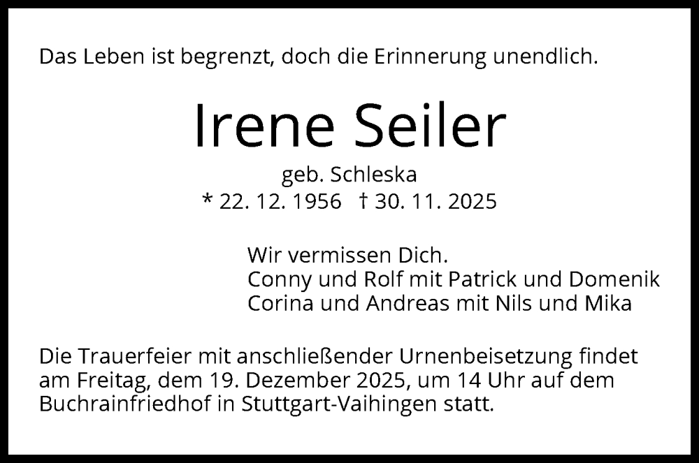  Traueranzeige für Irene Seiler vom 13.12.2025 aus Stuttgarter Zeitung / Stuttgarter Nachrichten