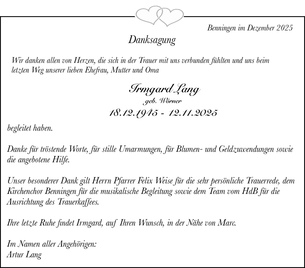  Traueranzeige für Irmgard Lang vom 12.12.2025 aus Marbacher Zeitung