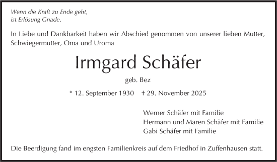 Traueranzeige von Irmgard Schäfer von Stuttgarter Zeitung / Stuttgarter Nachrichten