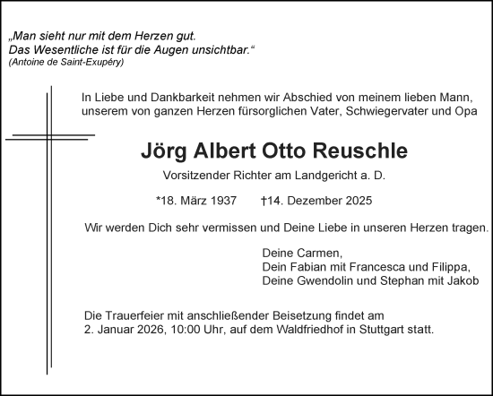 Traueranzeige von Jörg Albert Otto Reuschle von Stuttgarter Zeitung / Stuttgarter Nachrichten