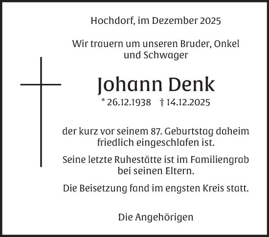 Traueranzeige von Johann Denk von Eßlinger Zeitung