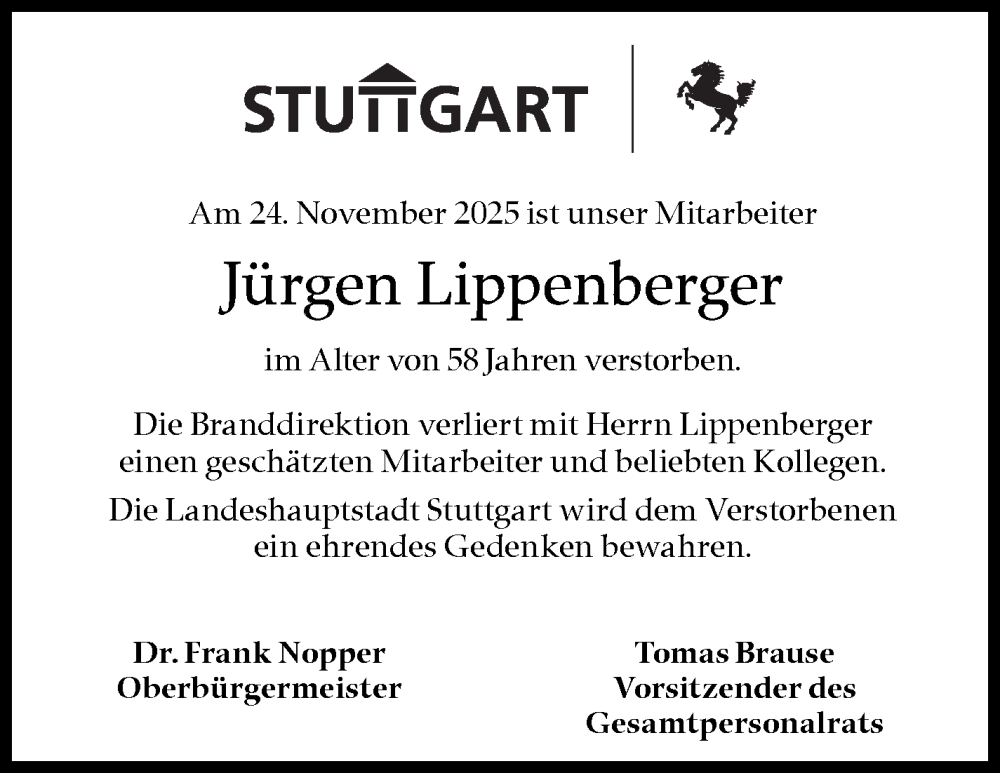  Traueranzeige für Jürgen Lippenberger vom 08.12.2025 aus Stuttgarter Zeitung / Stuttgarter Nachrichten