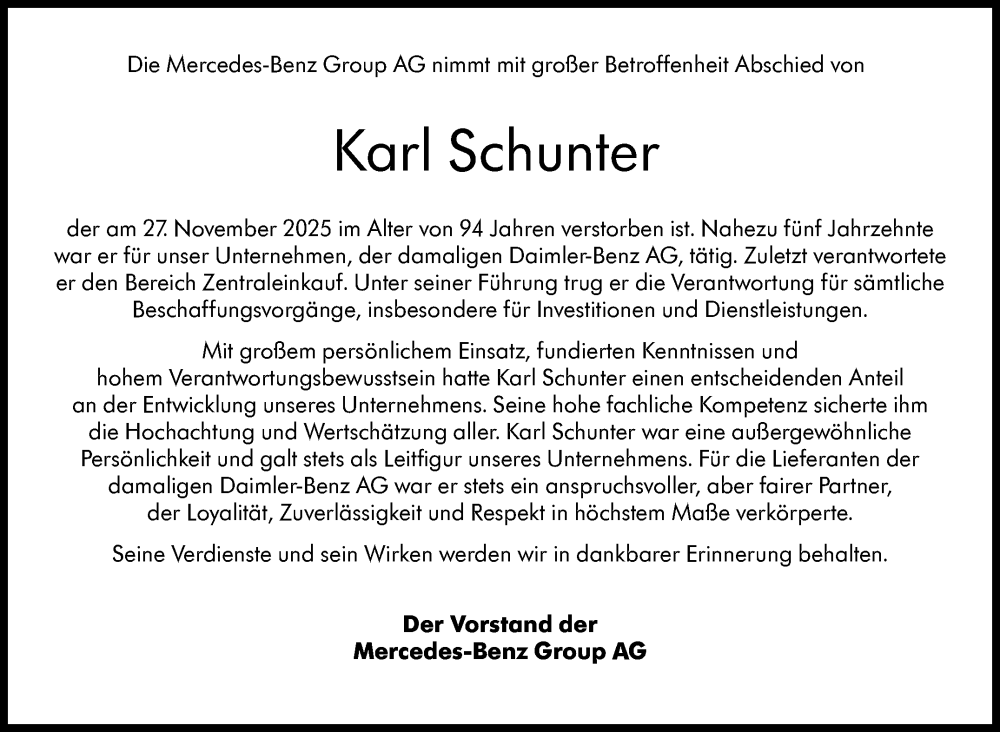  Traueranzeige für Karl Schunter vom 13.12.2025 aus Stuttgarter Zeitung / Stuttgarter Nachrichten