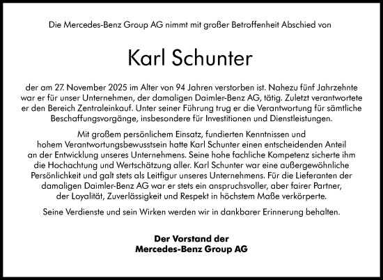 Traueranzeige von Karl Schunter von Stuttgarter Zeitung / Stuttgarter Nachrichten