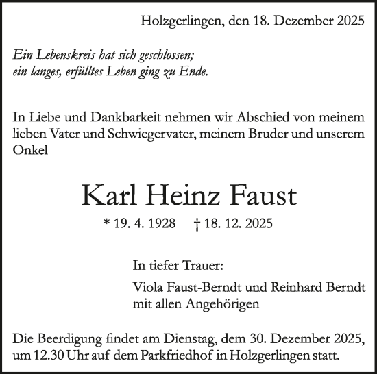 Traueranzeige von Karl Heinz Faust von Kreiszeitung Böblinger Bote