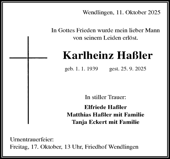 Traueranzeige von Karlheinz Haßler von Eßlinger Zeitung