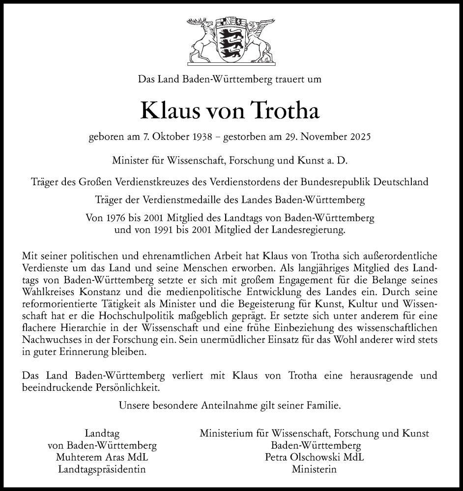  Traueranzeige für Klaus von Trotha vom 06.12.2025 aus Stuttgarter Zeitung / Stuttgarter Nachrichten