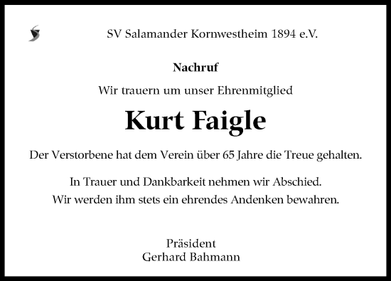 Traueranzeige von Kurt Faigle von Marbacher Zeitung