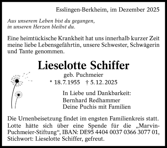 Traueranzeige von Lieselotte Schiffer von Eßlinger Zeitung