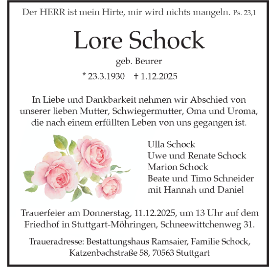 Traueranzeige von Lore Schock von Stuttgarter Zeitung / Stuttgarter Nachrichten