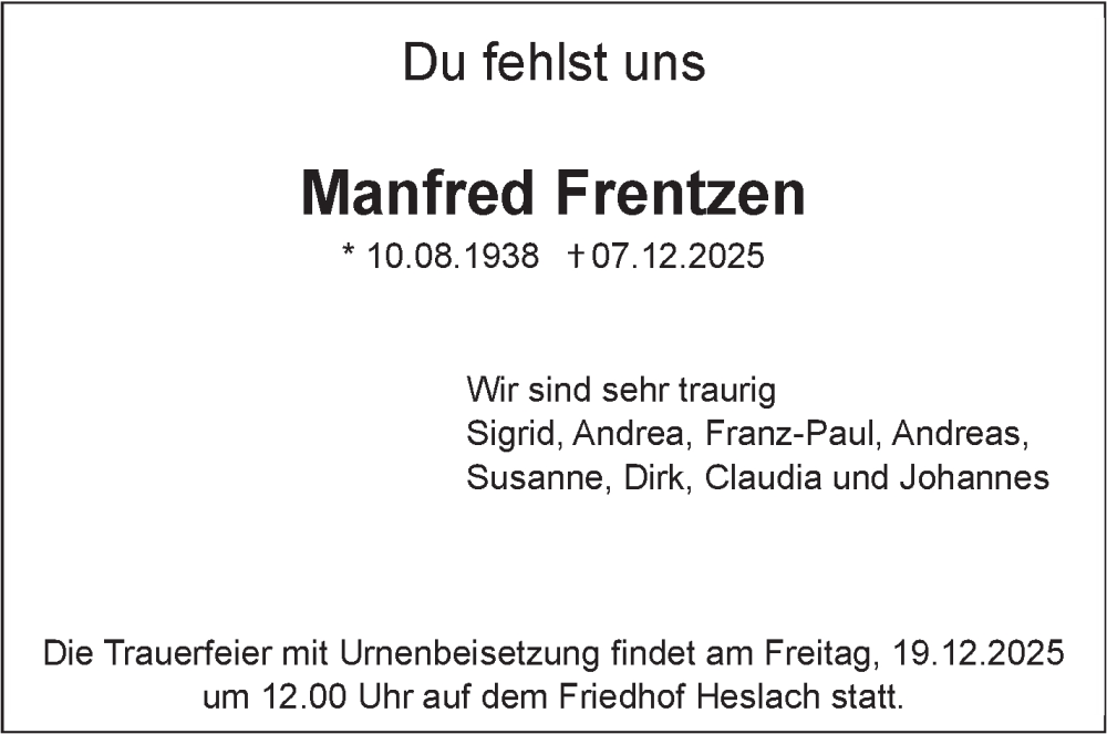  Traueranzeige für Manfred Frentzen vom 13.12.2025 aus Stuttgarter Zeitung / Stuttgarter Nachrichten