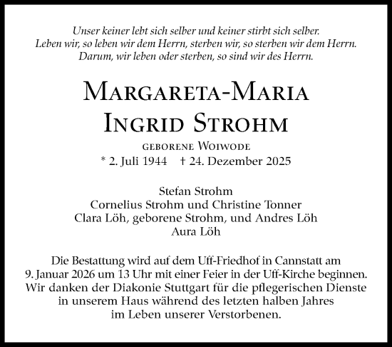 Traueranzeige von Margareta-Maria Ingrid Strohm von Stuttgarter Zeitung / Stuttgarter Nachrichten