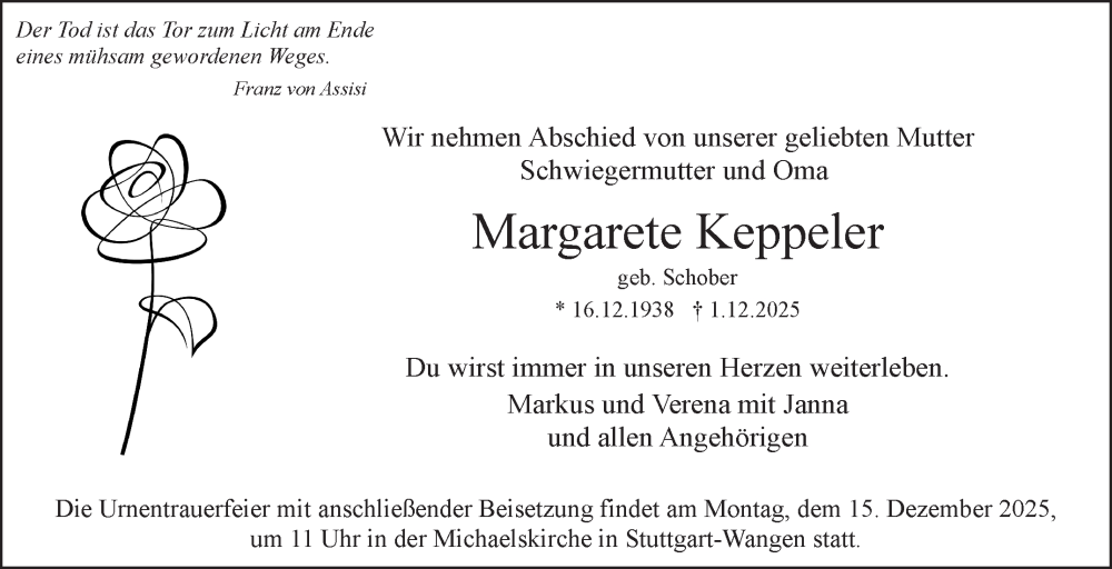 Traueranzeige für Margarete Keppeler vom 11.12.2025 aus Stuttgarter Zeitung / Stuttgarter Nachrichten