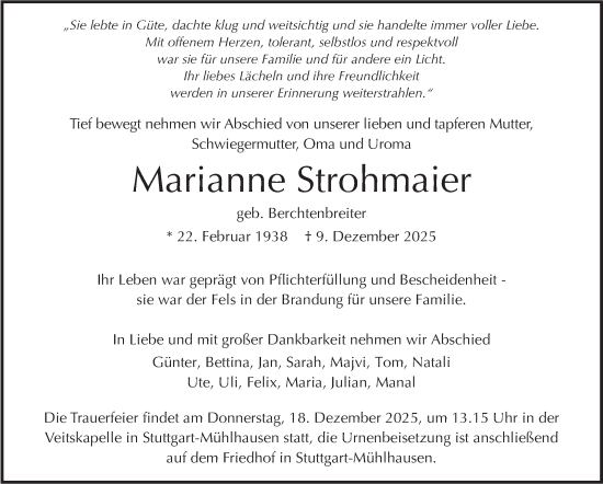 Traueranzeige von Marianne Strohmaier von Stuttgarter Zeitung / Stuttgarter Nachrichten