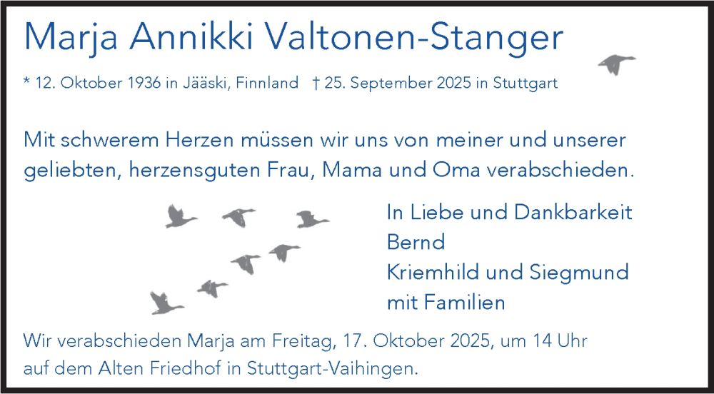  Traueranzeige für Marja Annikki Valtonen-Stanger vom 11.10.2025 aus Stuttgarter Zeitung / Stuttgarter Nachrichten