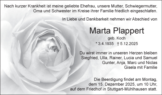 Traueranzeige von Marta Plappert von Stuttgarter Zeitung / Stuttgarter Nachrichten